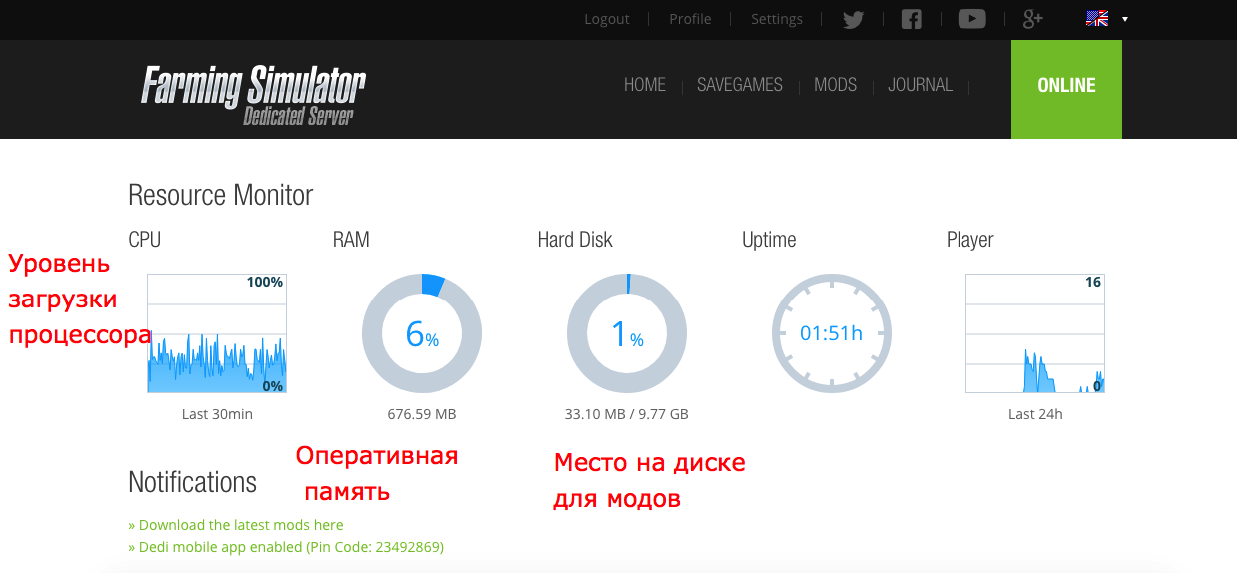 Панель управления сервером Farming Simulator 19. 1