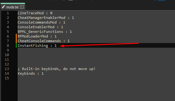 Правка файла mods.txt — включение мода