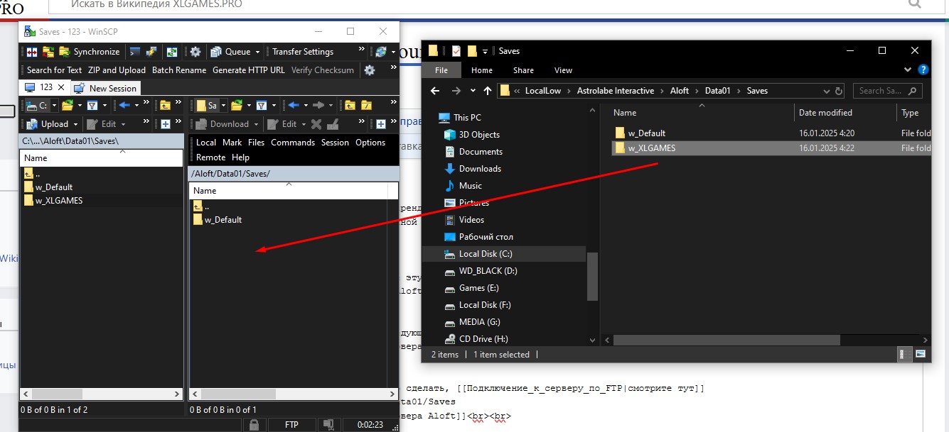 Перетащите файлы сохранения на сервер Aloft