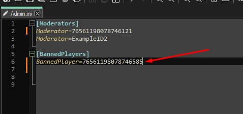 Забанить нарушителя на сервере Abiotic Factor, вписать steamid64