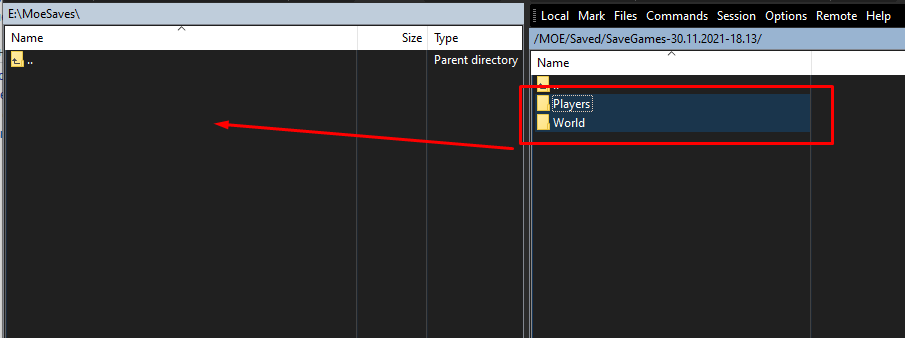 Перетащить папки Players и World восстановление сервера Myth of Empires из бэкапа