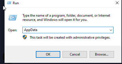 Открытие папки AppData через окно Выполнить