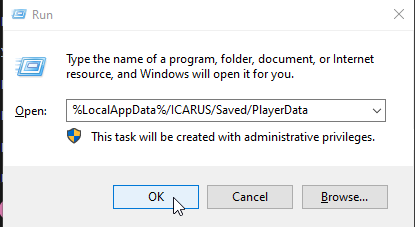 Открытие папки с сохранениями Icarus через окно Выполнить