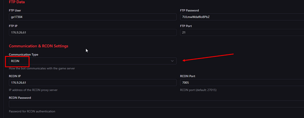 RCON configuration in the Prisoner Bot panel