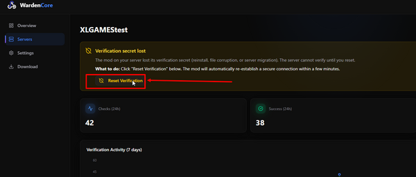The Reset Verification button used to re-authorize the server