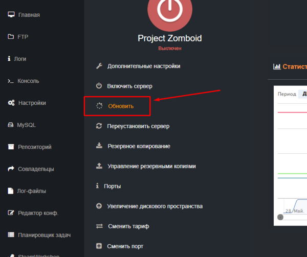 Кнопка Обновить в панели управления сервером Project Zomboid