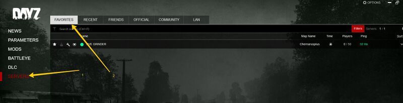 Сервер в разделе Избранное официального DayZ Launcher
