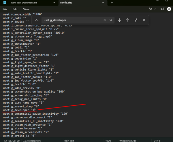 Поиск строки uset g_developer в файле config.cfg
