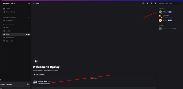 Сообщение Server connected в канале логов Discord