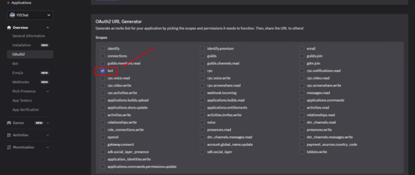 Выбор галочки bot в OAuth2 URL Generator