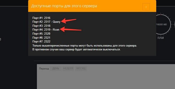 Список портов сервера с Query и RCON