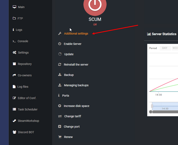 The Additional Settings button in the server control panel