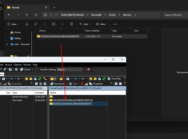 Загрузка папки мира на сервер в папку Worlds