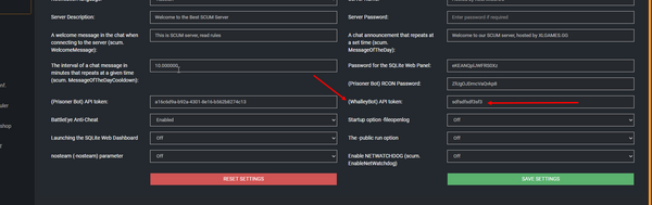 The (WhalleyBot) API token field in the server control panel