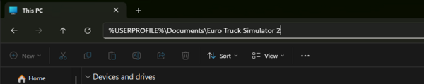 Открытие папки Euro Truck Simulator 2 или American Truck Simulator в документах Windows