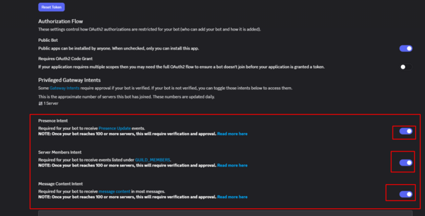 Включение Presence Intent, Server Members Intent и Message Content Intent