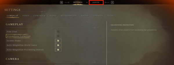 Вкладка Server в настройках игры RuneScape: Dragonwilds