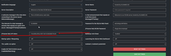 The (Prisoner Bot) API Token field in the XLGAMES.GG control panel